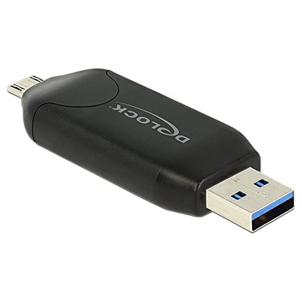 Dispositivo di archiviazione USB nero con connettori USB 3.0 e micro-USB blu.