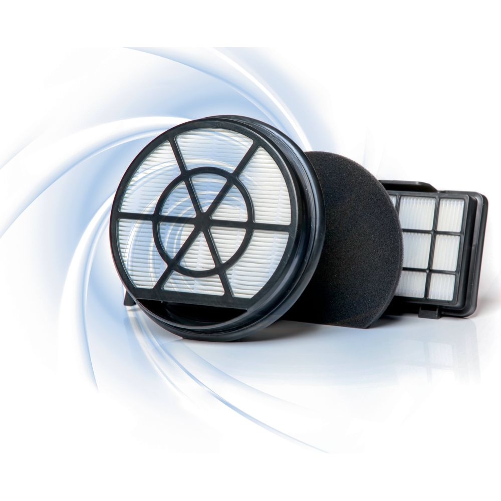 Trzy filtry do odkurzacza: okrągły, piankowy i prostokątny.