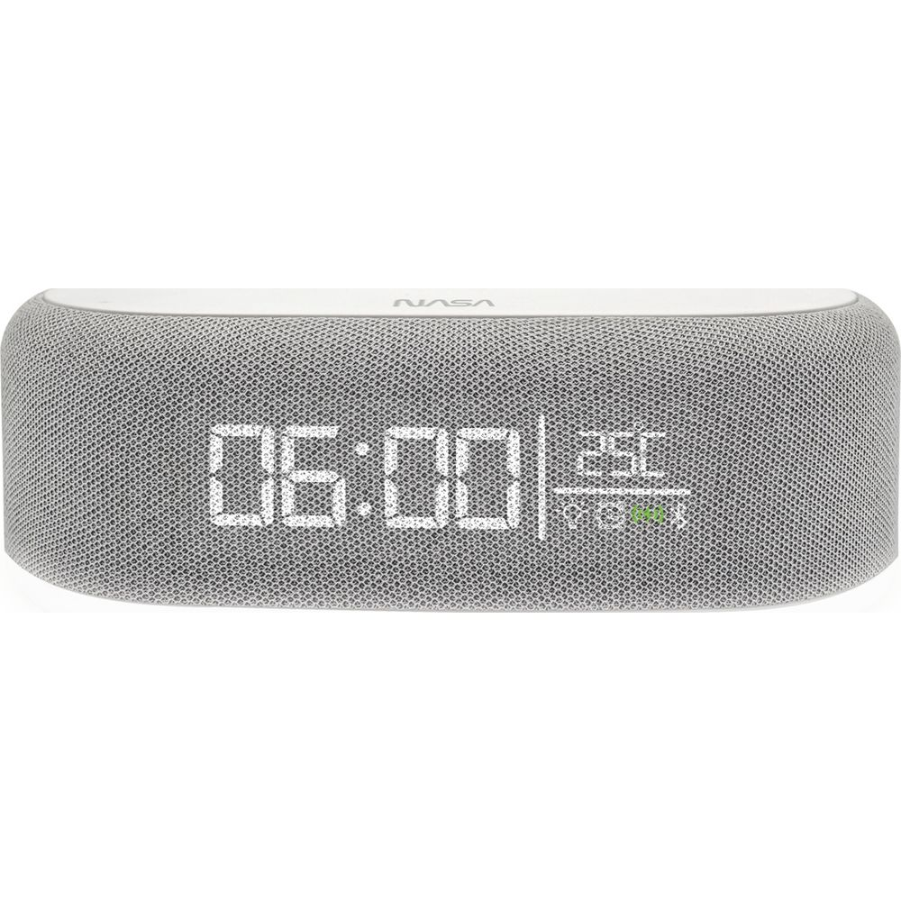 Szary budzik cyfrowy z logo NASA, pokazuje 06:00 i 25°C.