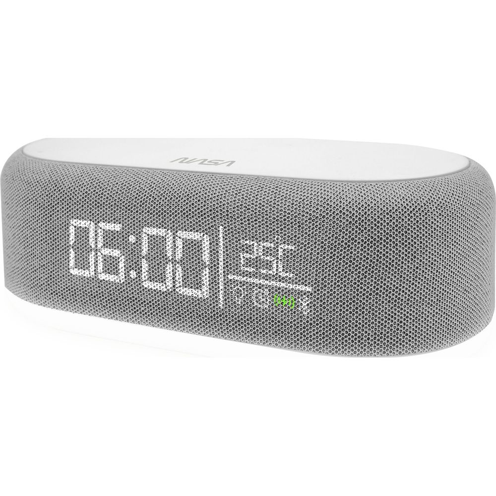 Szary budzik z cyfrowym wyświetlaczem pokazuje 06:00 i 25°C. Logo NASA u góry.