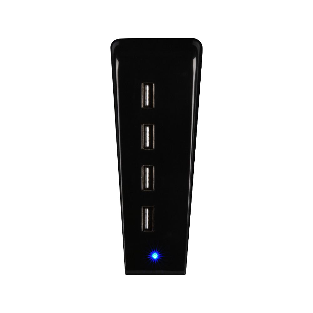 Hub USB nero con quattro porte e luce LED blu.