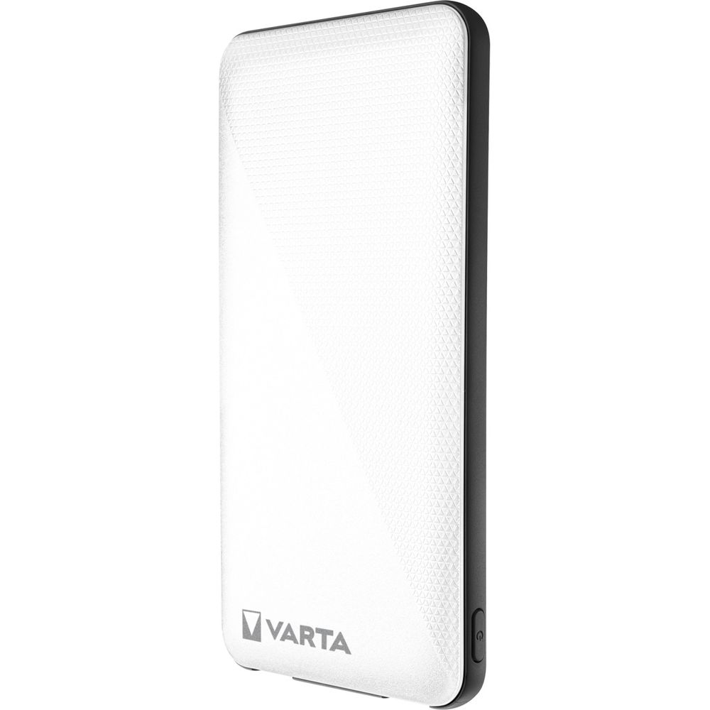 Een witte Varta powerbank met zwarte rand en textuur.