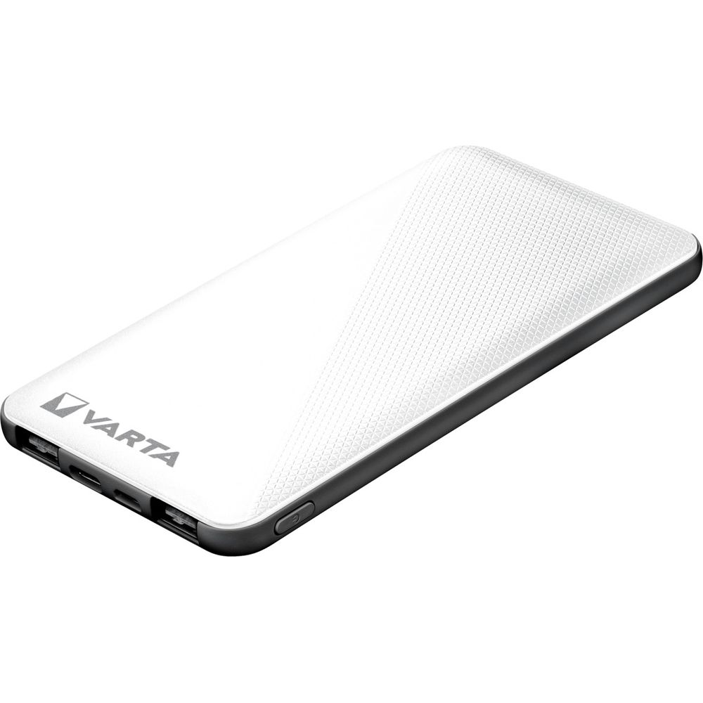 Een witte Varta powerbank met twee USB-poorten en een knop.