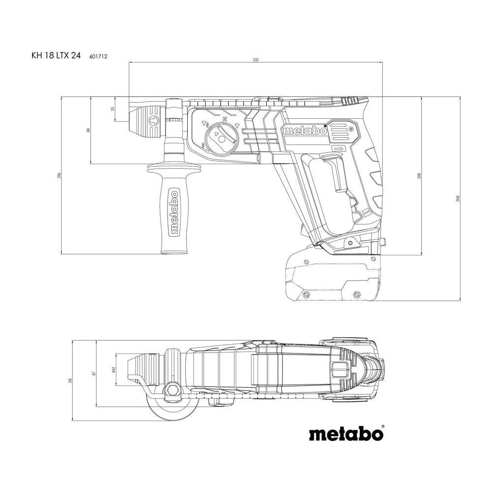 Dibujo técnico de un taladro percutor Metabo con dimensiones y etiquetas.
