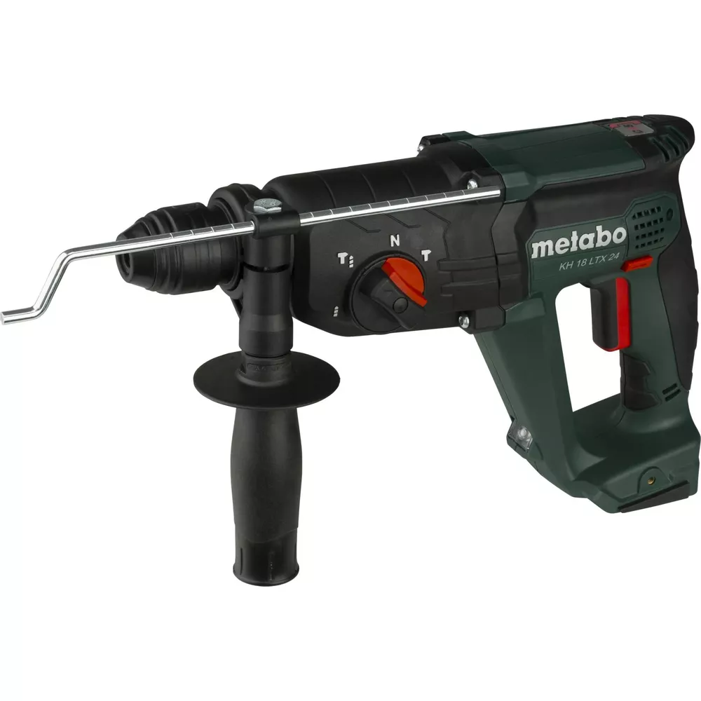 Un taladro percutor Metabo con mango auxiliar y logo Metabo en verde y negro.