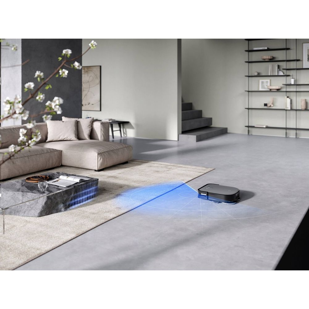 Robot sprzątający czyści nowoczesną podłogę w salonie za pomocą niebieskich skanerów laserowych.