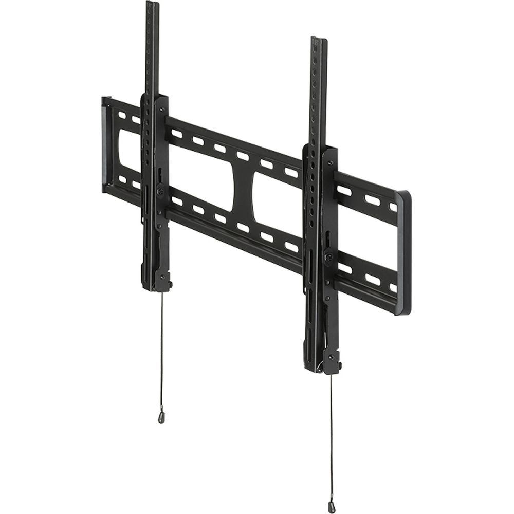 Soporte de pared negro para TV con brazos ajustables y cables de seguridad.