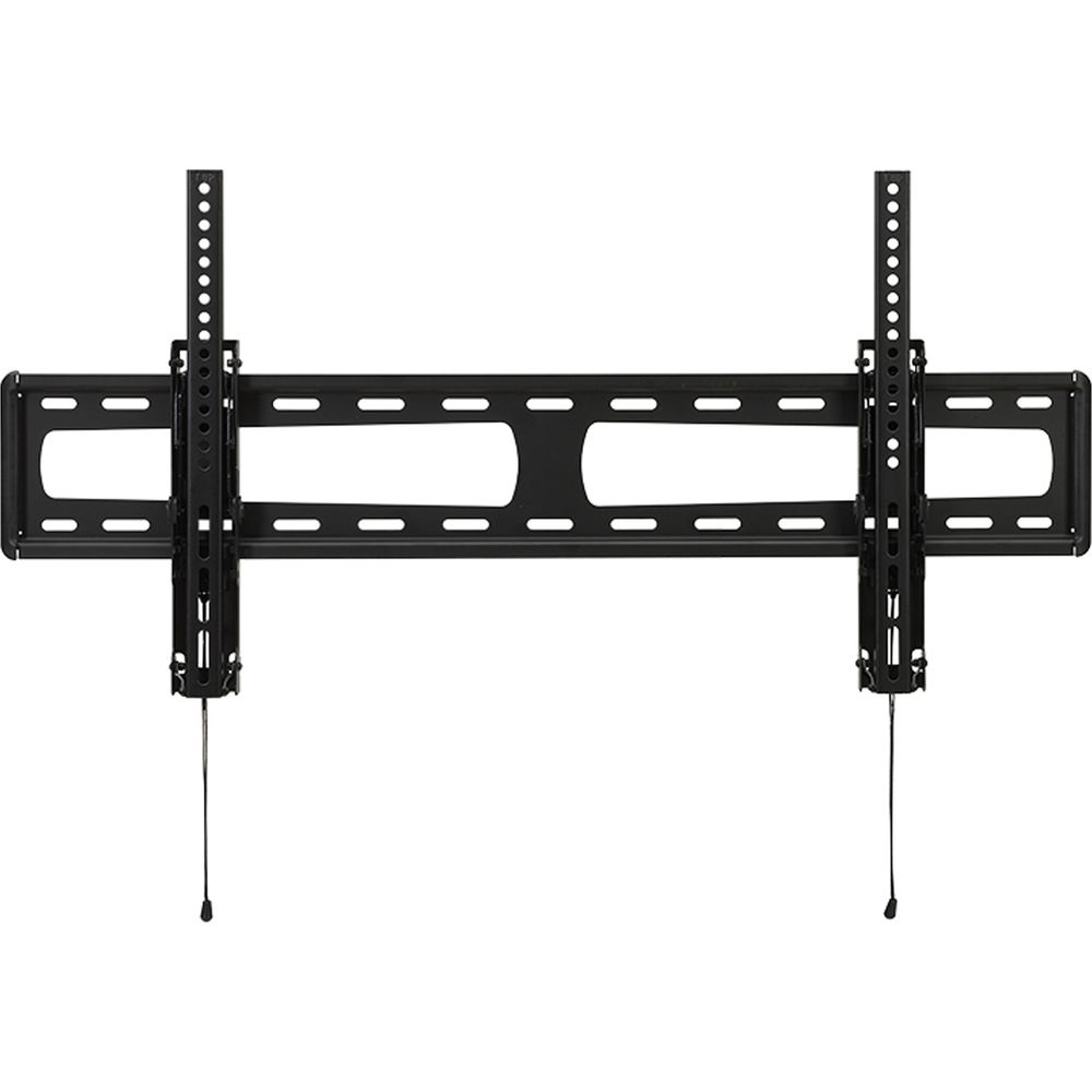 Soporte de pared para TV negro con brazos y huecos ajustables.