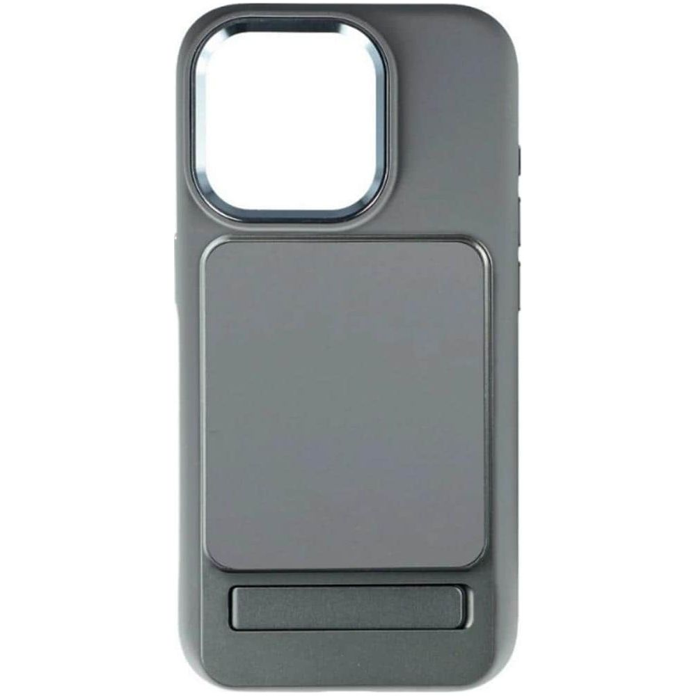 Coque de téléphone grise avec découpe caméra et support intégré.