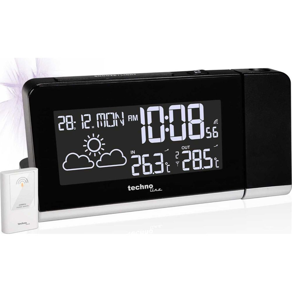 Horloge numérique avec capteur extérieur affiche date, heure, météo et température int.
