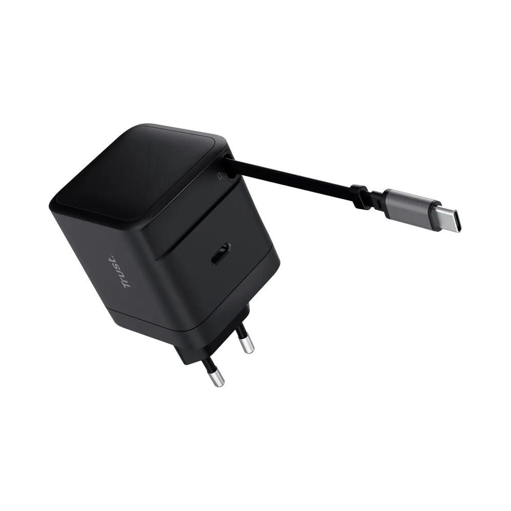 Black USB-C adapter with foldable prongs and attached cable.