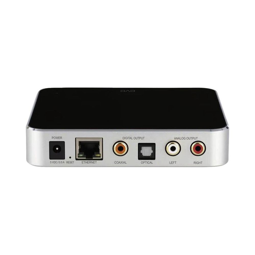 Rückseite eines silbernen Geräts mit Anschlüssen: Strom, Ethernet, Koaxial, Optisch, Links und Rechts.