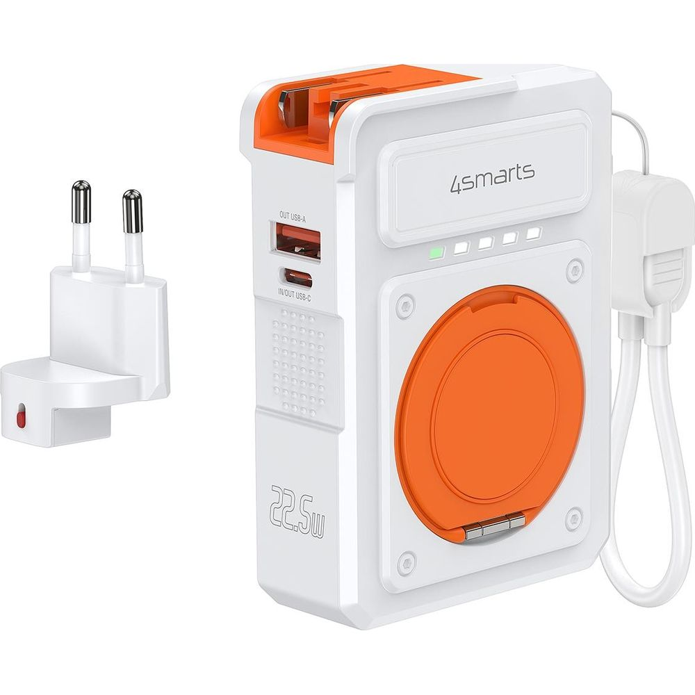 Adattatore di ricarica bianco con accenti arancioni, porte USB-A e USB-C.