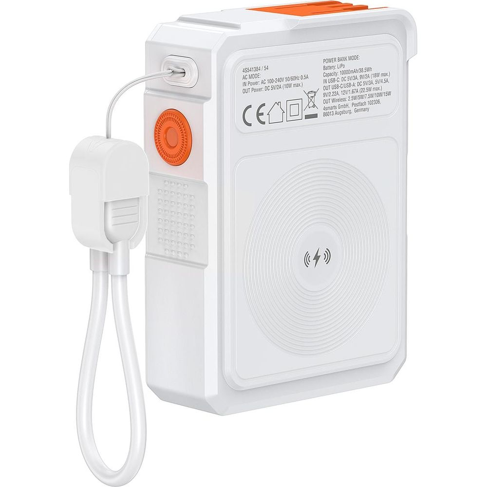 Un power bank bianco con accenti arancioni e scritte.