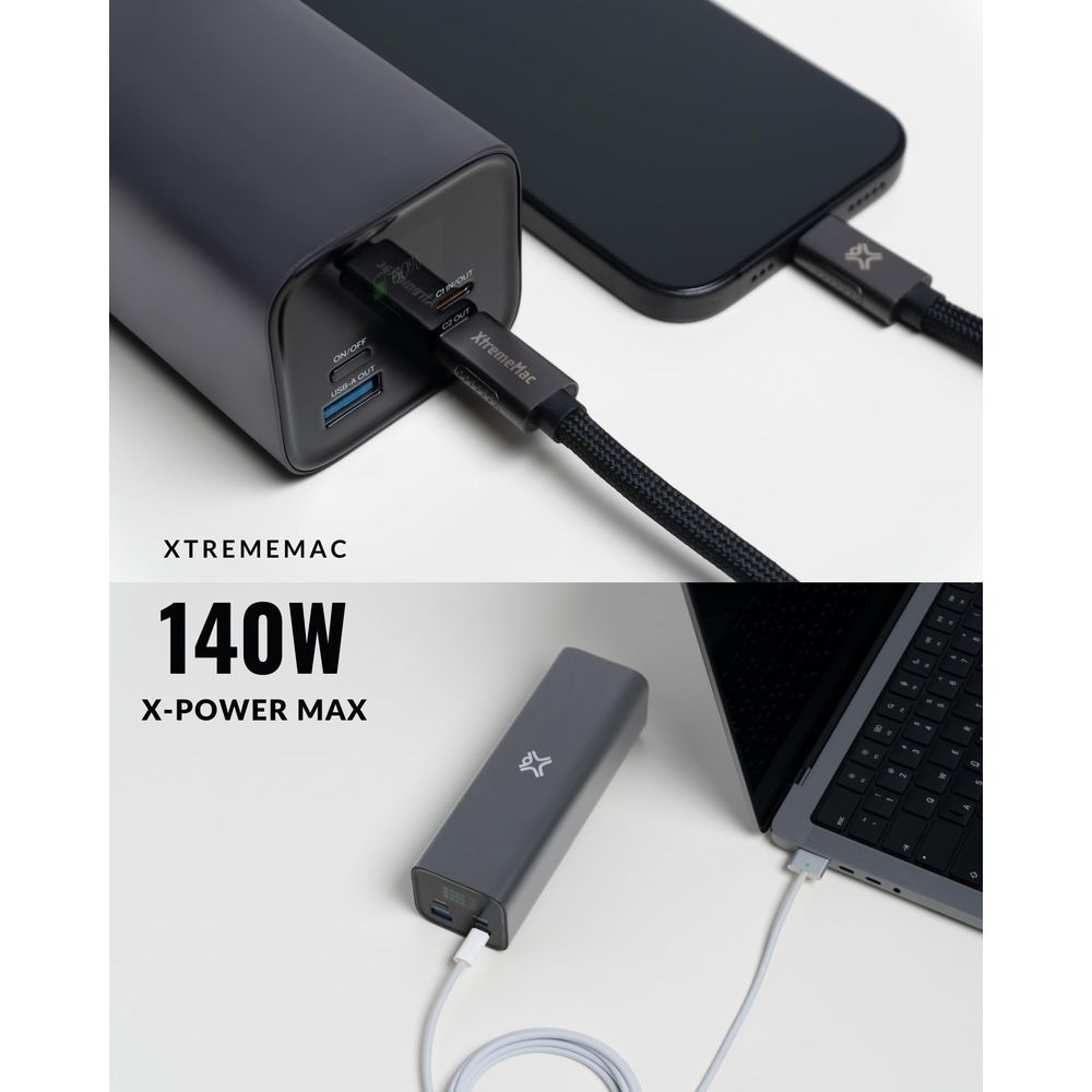 Batterie externe grise charge smartphone et ordinateur portable, 140W X-Power Max.