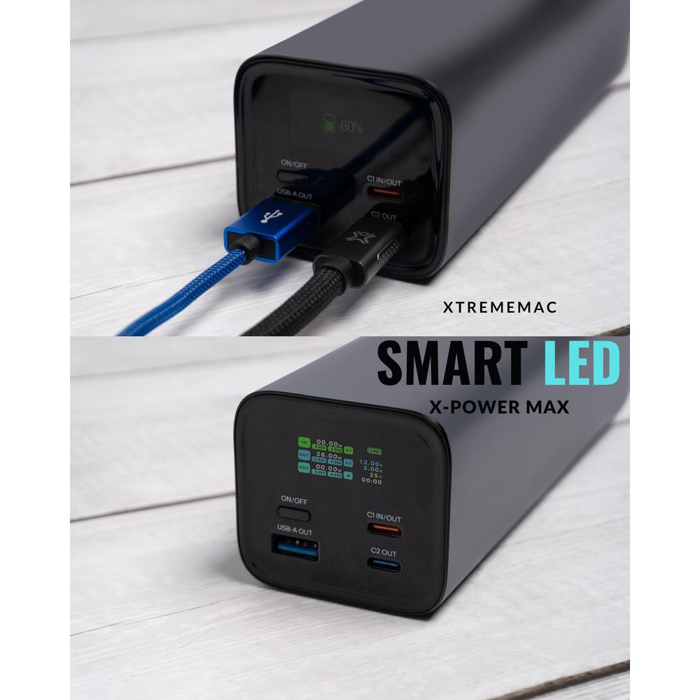 Batterie externe noire avec câbles connectés et écran numérique.