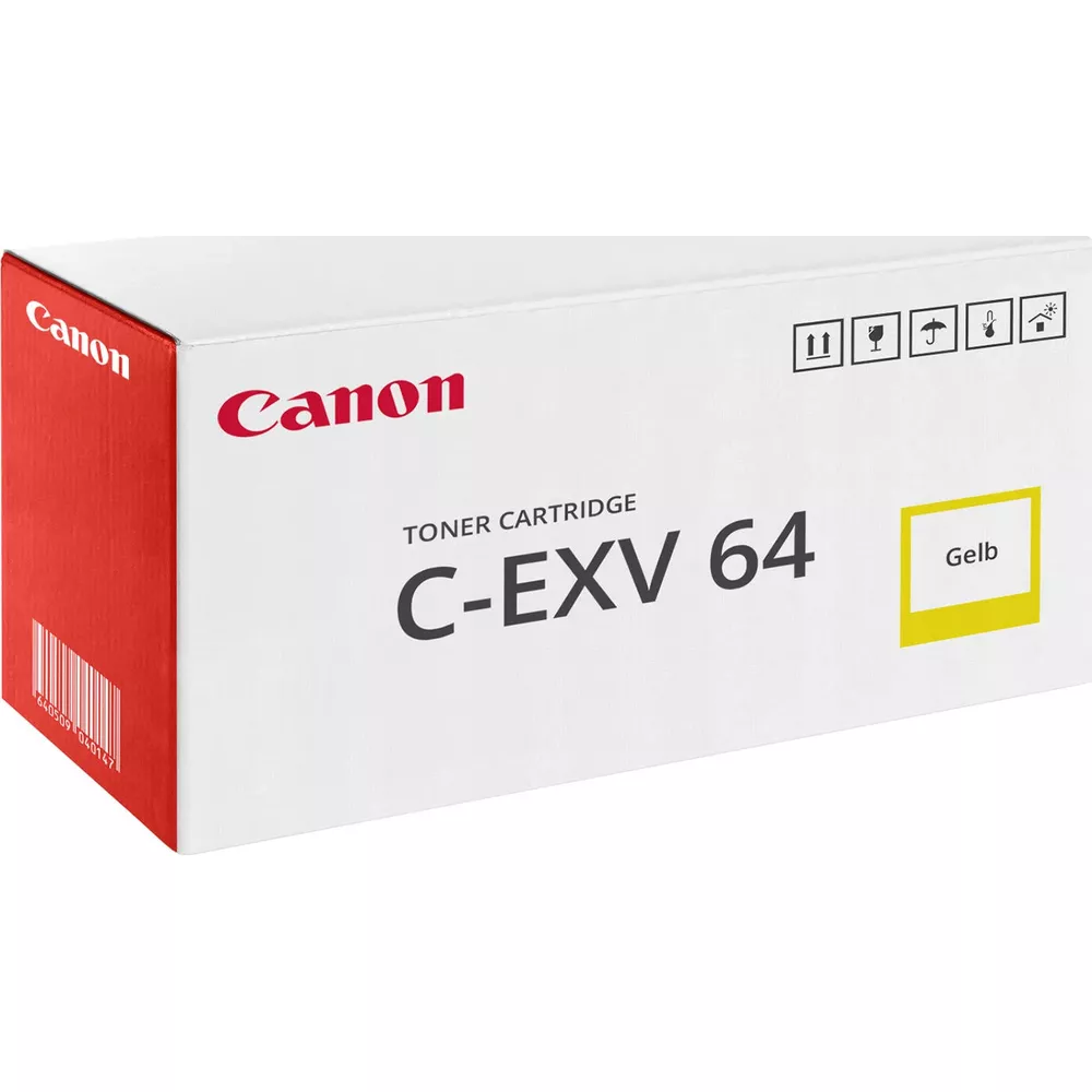 Toner Canon C-EXV 64 Żółty na białym kartonie z symbolami.