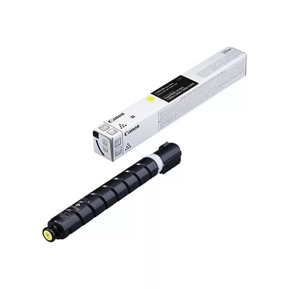 Żółty wkład tonera Canon i jego opakowanie.