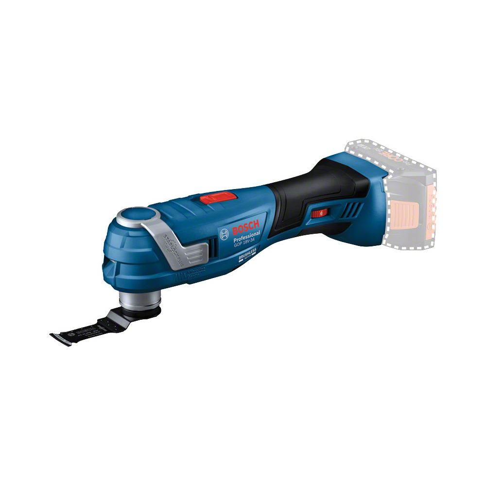 Herramienta oscilante Bosch azul con interruptor rojo y mango negro.