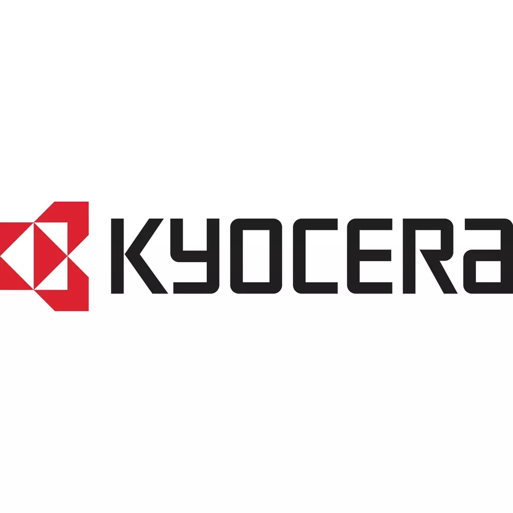 Logo Kyocera z czerwonymi i białymi kształtami geometrycznymi po lewej stronie czarnego tekstu.