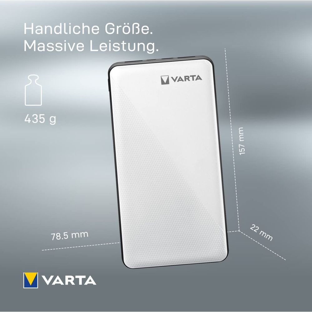 Powerbank Varta bianca: 435g, 157x78.5x22mm. "Dimensioni maneggevoli. Potenza massiccia."