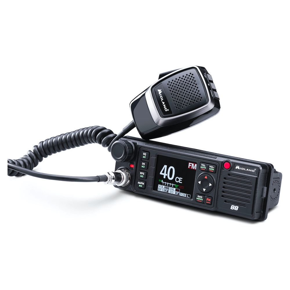 Una radio CB Midland nera con microfono, su sfondo bianco.