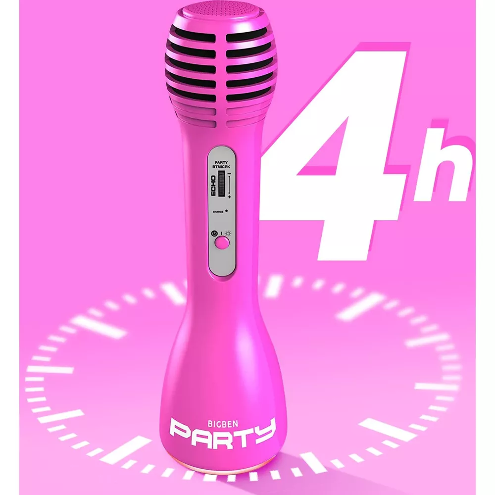 Un microfono rosa con controlli ed etichetta BIGBEN PARTY. Sfondo con "4h" e un cerchio con segni.