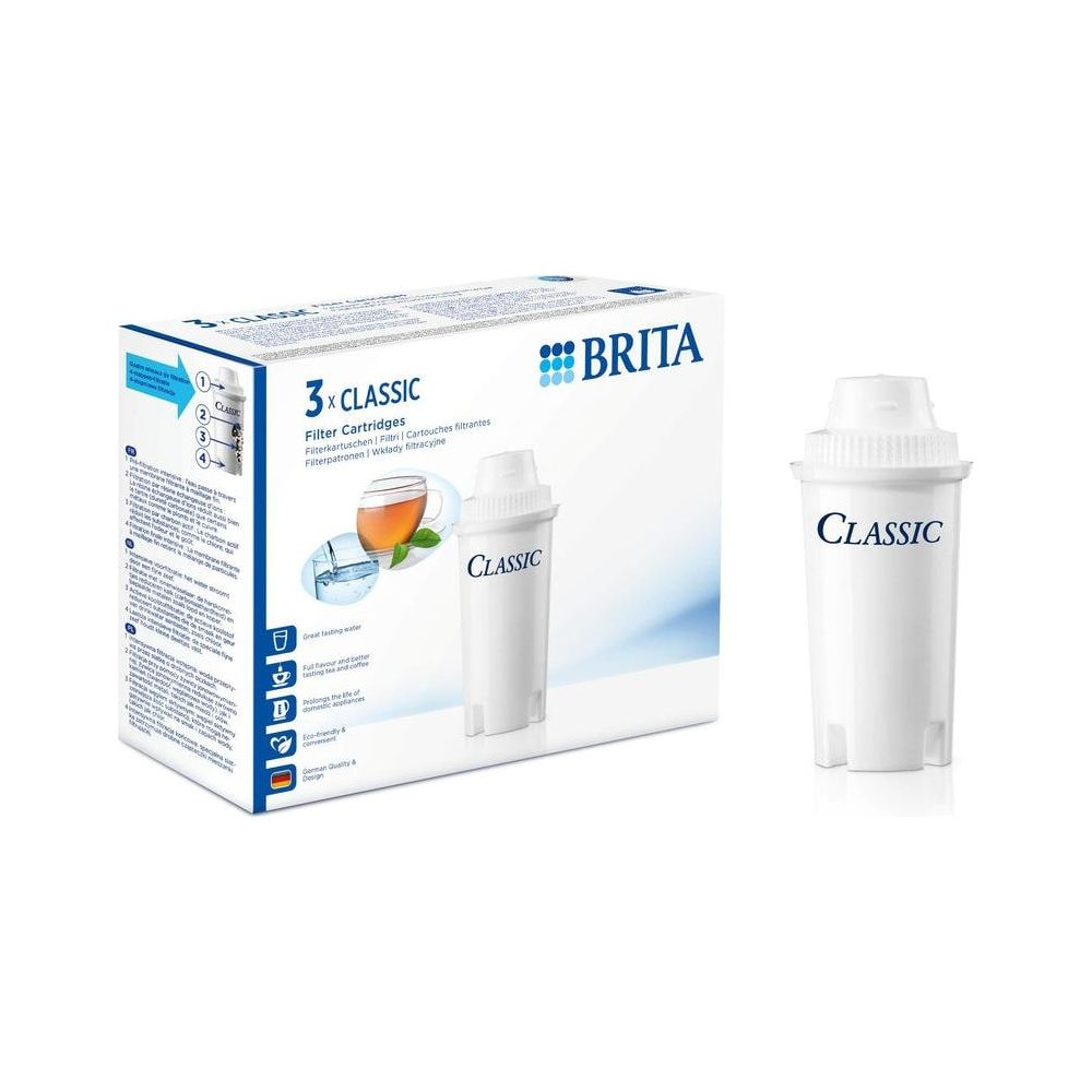 Brita Classic Filterkartuschen-Verpackung mit einer einzelnen Kartusche daneben.