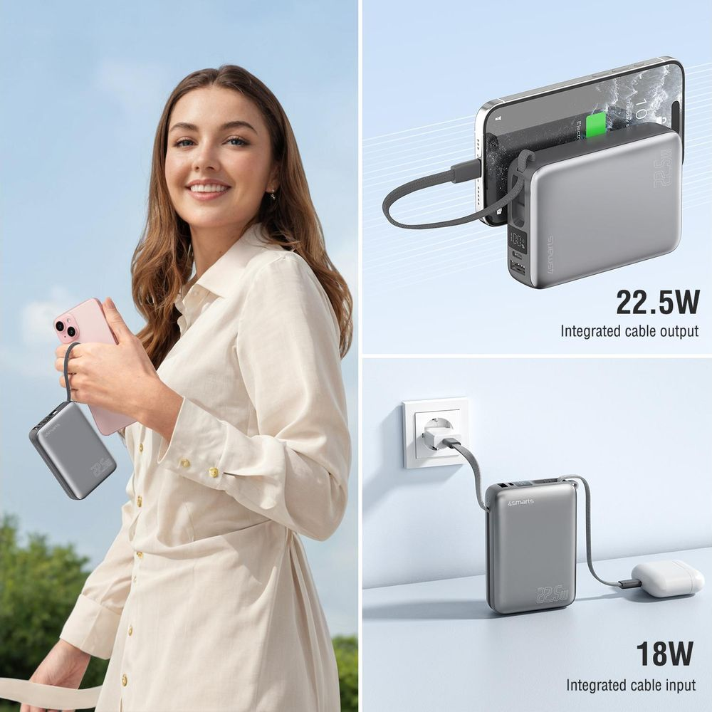 Donna tiene smartphone rosa e power bank grigia con cavo.