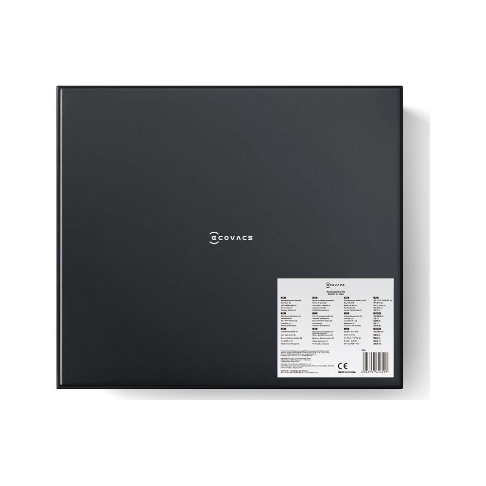 Czarne pudełko z logo Ecovacs i informacjami o produkcie.