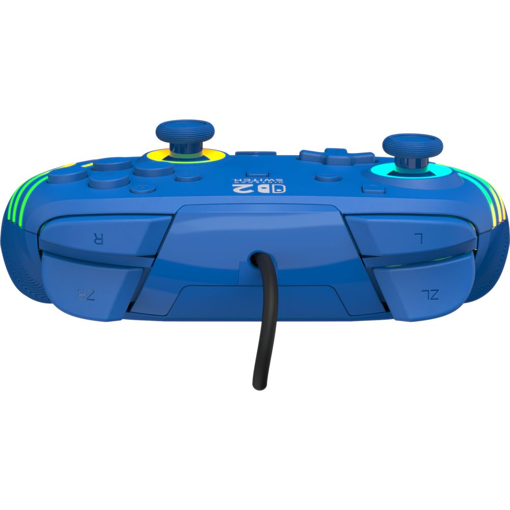 Blauer Controller für Nintendo Switch mit bunten Lichtern an den Seiten.