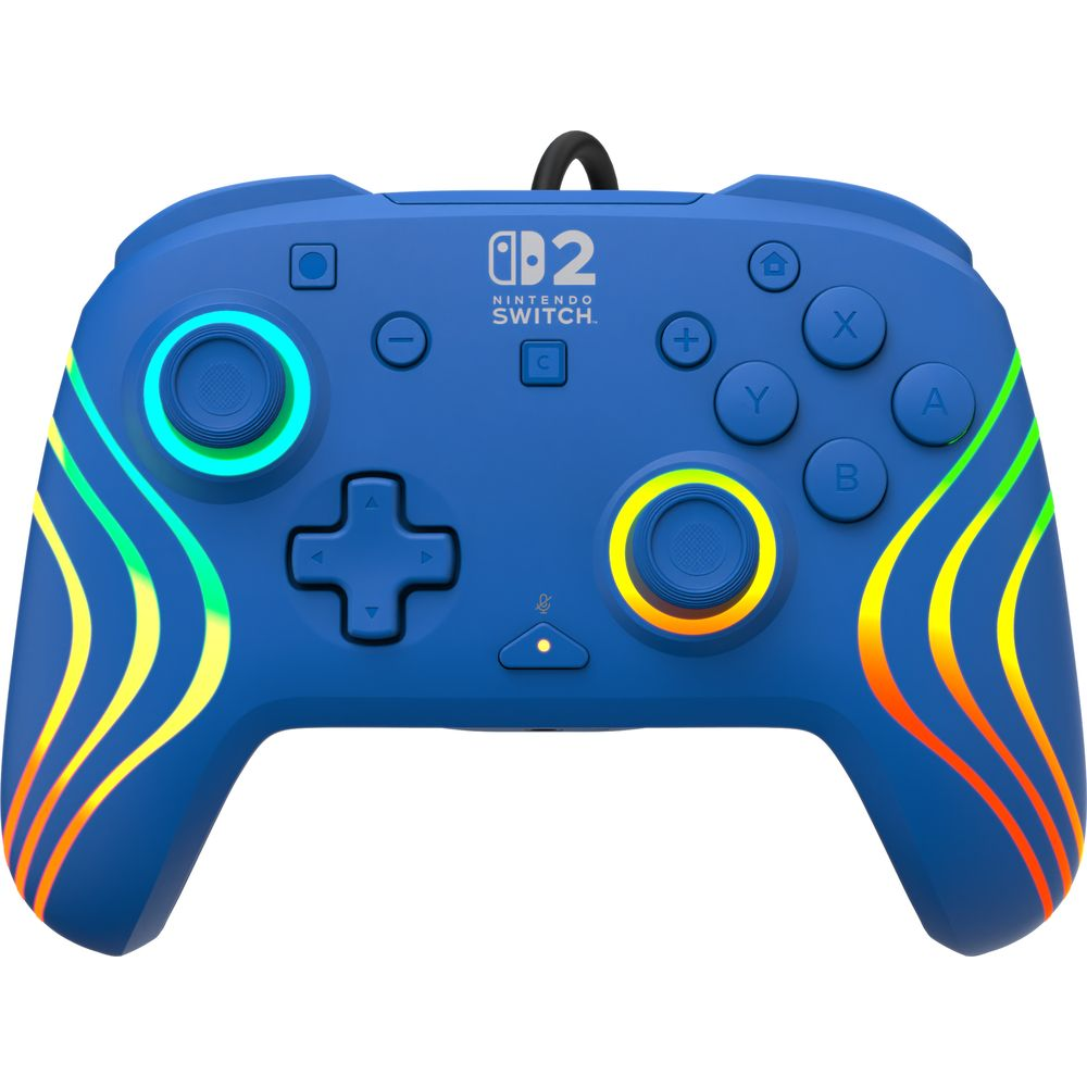 Blauer Nintendo Switch Controller mit bunten Lichtakzenten und Kabel.
