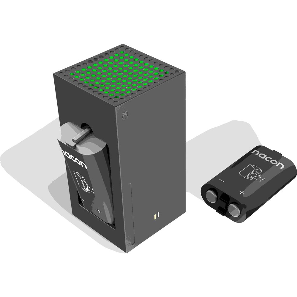 Ciemnoszara konsola Xbox Series X z włożonym czarnym akumulatorem i innym akumulatorem obok.