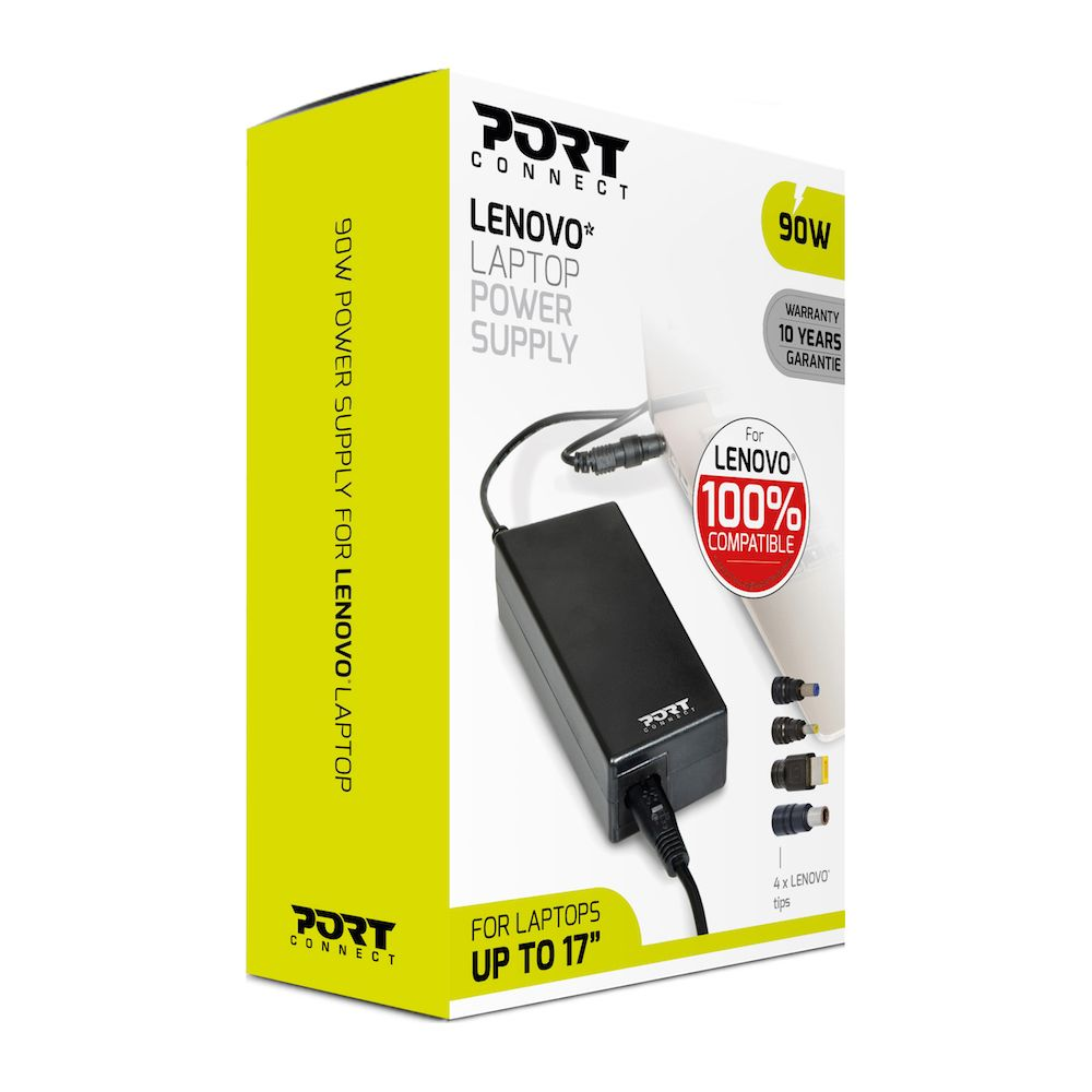 Alimentatore per laptop Lenovo da 90W con cavo e 4 punte intercambiabili.