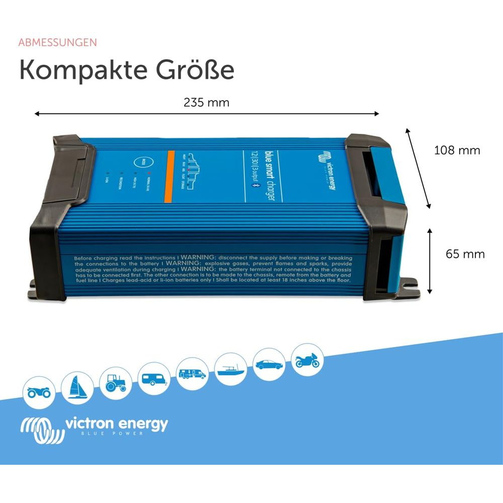 Ein blaues Victron Energy Ladegerät mit Abmessungen, Warnhinweisen und Anwendungsicons.