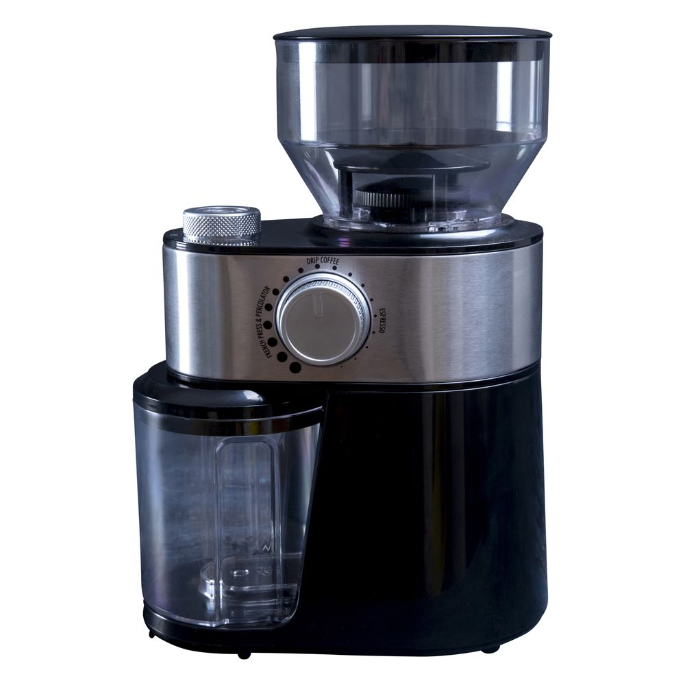 Młynek do kawy elektryczny z przezroczystym pojemnikiem i stalową obudową.