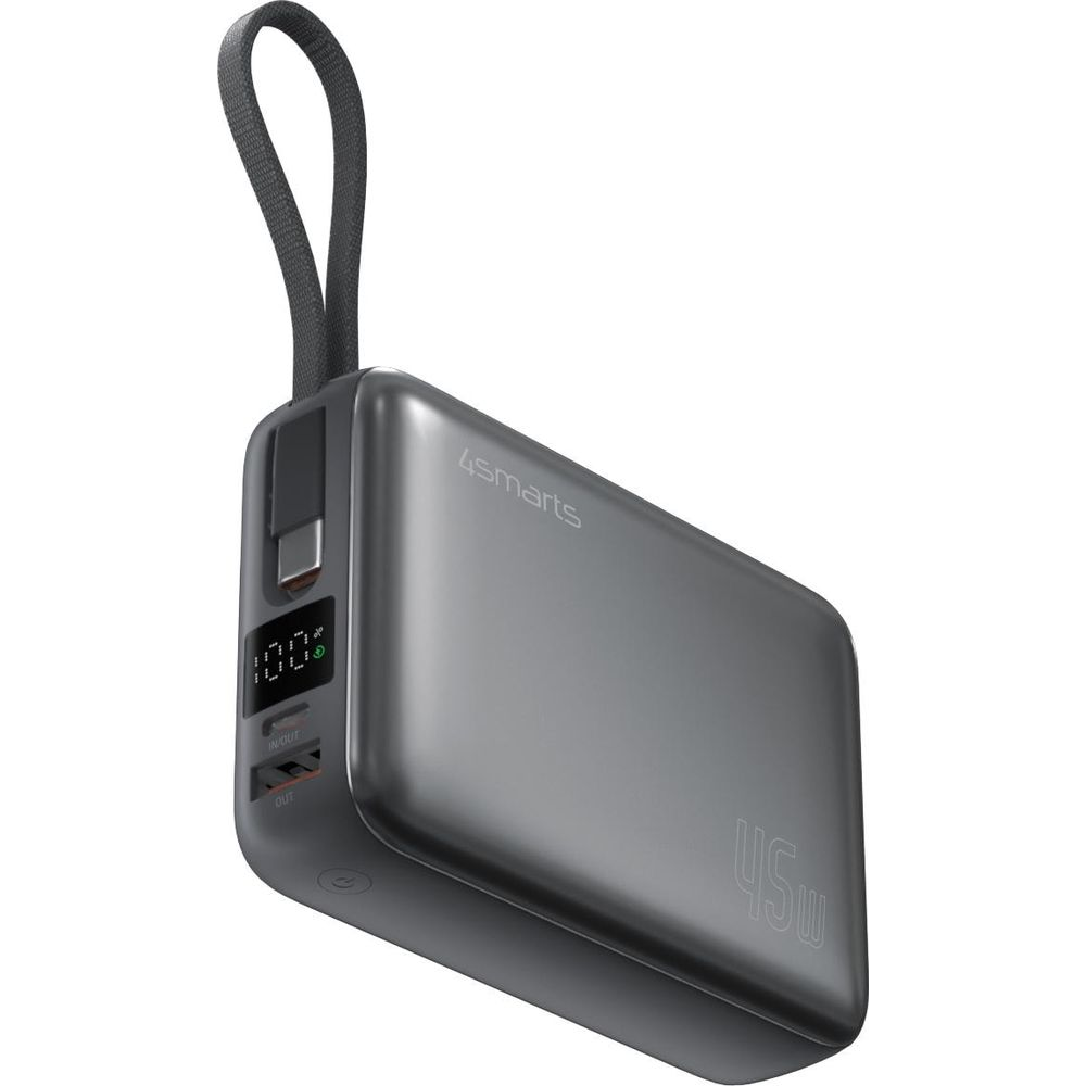 Batterie externe grise avec inscription 45W, indicateur de charge et dragonne.