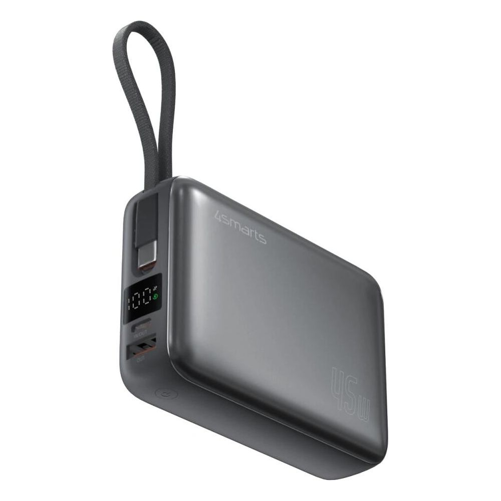 Batterie externe grise avec lanière, affichage 100% et marquage 45W.