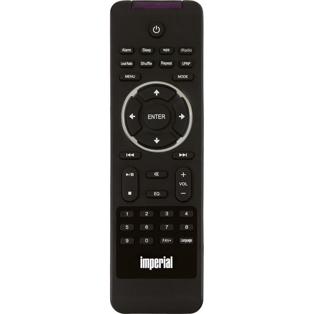 Black remote control with buttons for menu, navigation, volume, and numbers.