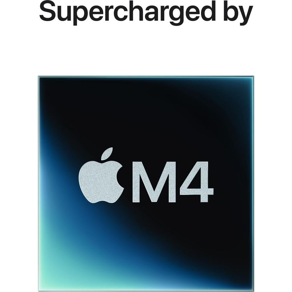 Logo de la puce Apple M4 sur fond noir avec dégradé bleu.