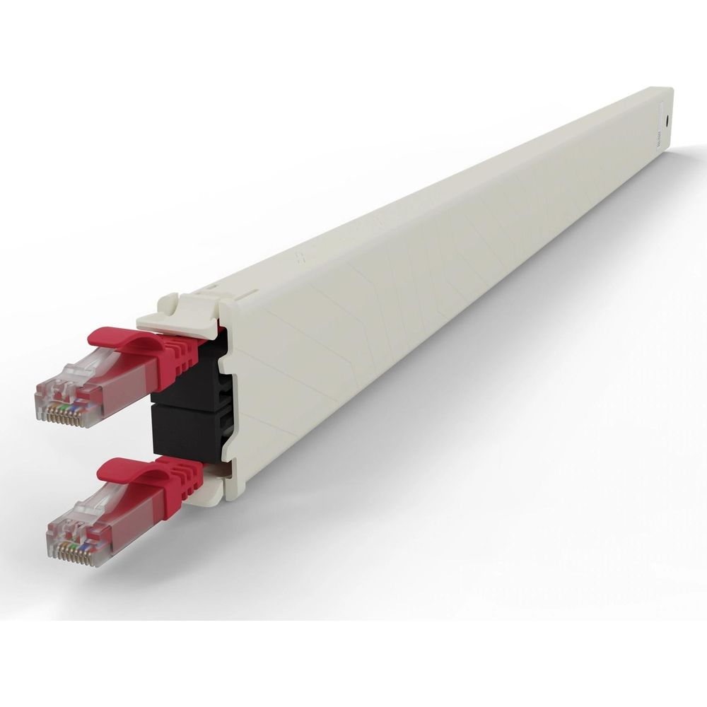 Un goulotte de gestion de câbles beige avec deux connecteurs RJ45 rouges sortant.