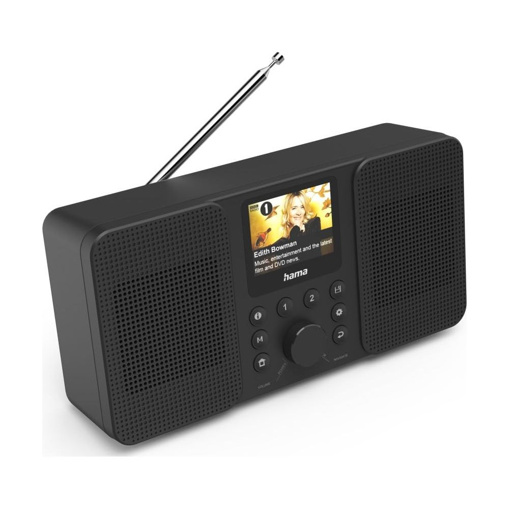 Czarno-srebrne radio DAB+ z wysuwaną anteną i ekranem z Edith Bowman.