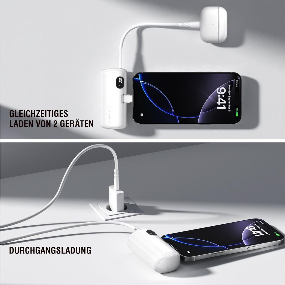 Due caricabatterie bianchi caricano uno smartphone. Uno collegato al muro, uno via power bank.