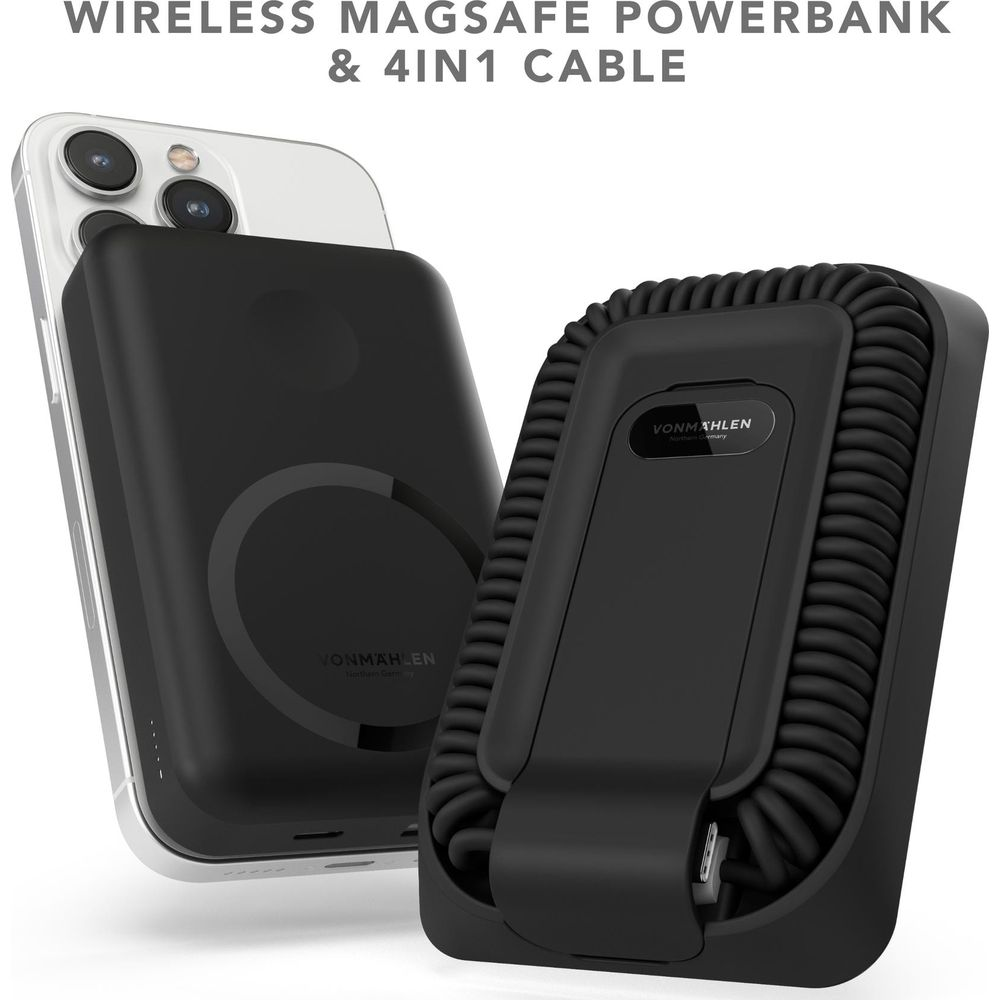 Schwarzes MagSafe Powerbank und 4-in-1-Kabel neben einem Smartphone.