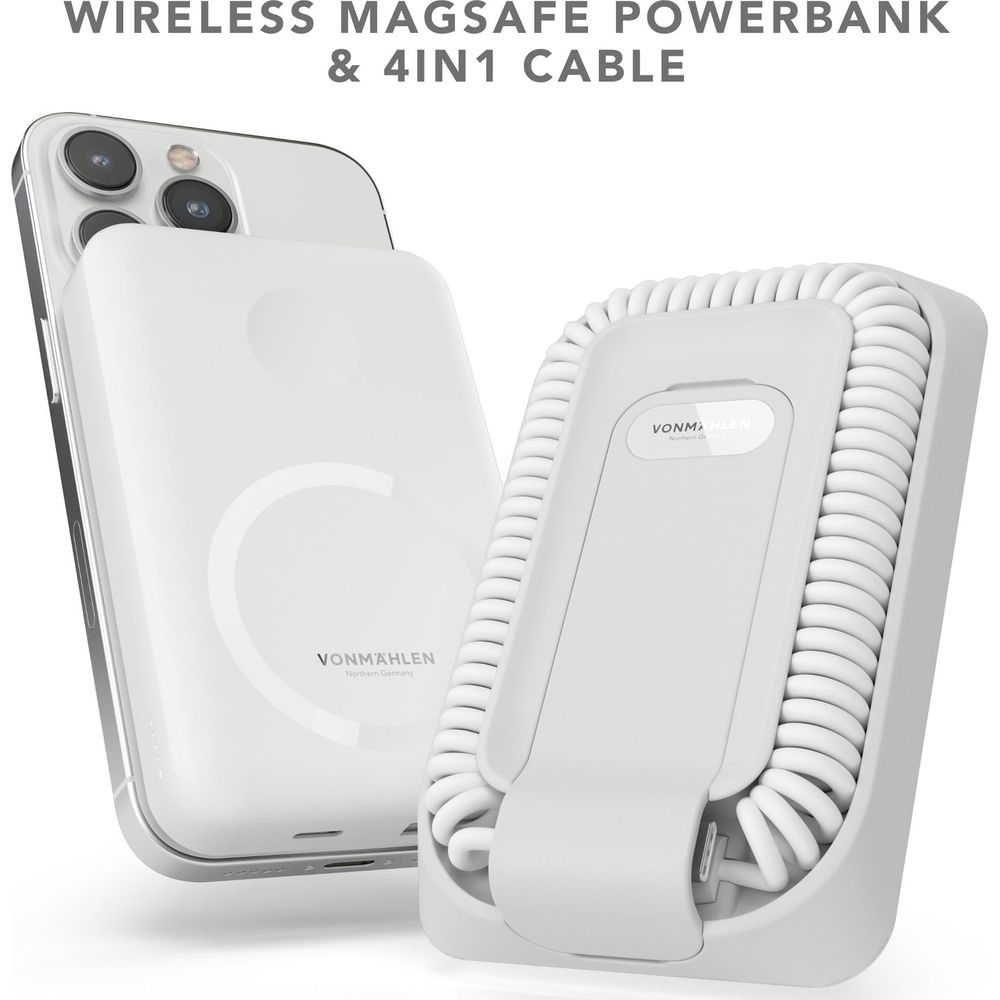 Ein weißes MagSafe Powerbank-Gerät und ein weißes 4-in-1-Kabel.