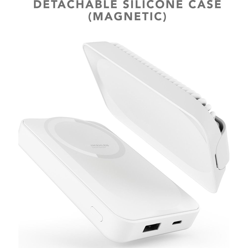 Zwei weiße, magnetische Powerbanks liegen nebeneinander.