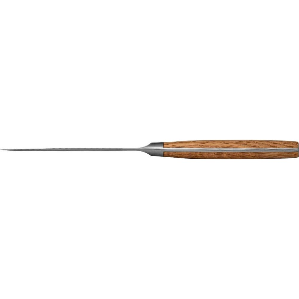 A knife with a wooden handle and a long, thin blade on a white background.