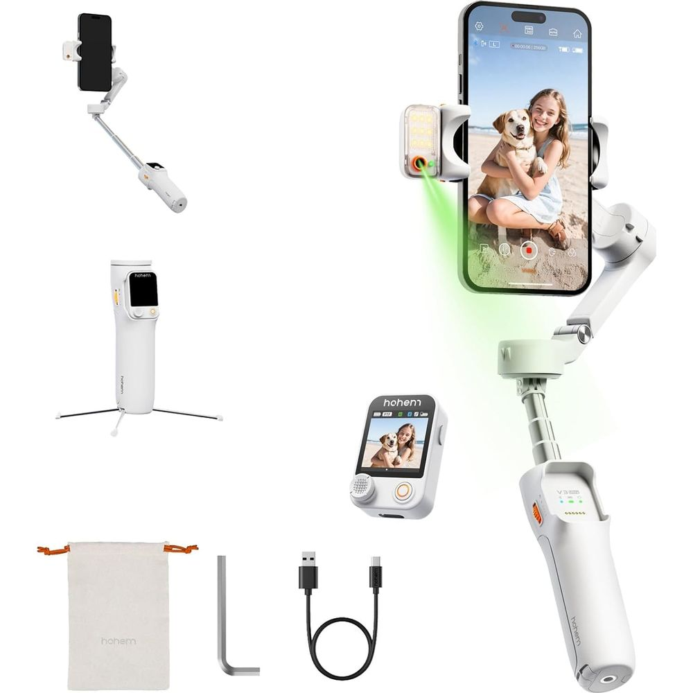 Ein weißes Gimbal-Kit mit Handy, Kabeln, Tasche und Werkzeug.
