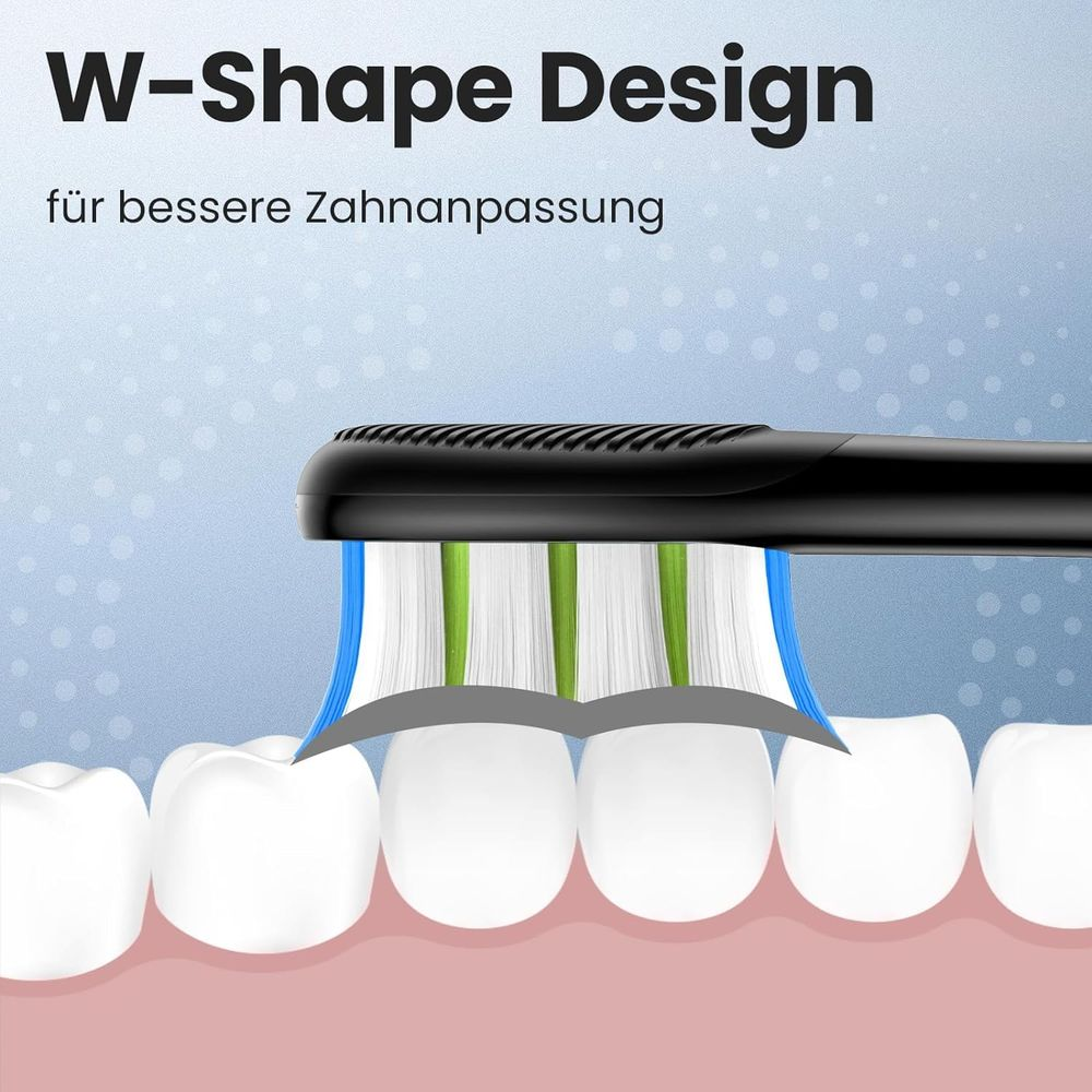 Elektrische Zahnbürste mit W-förmigen Borsten, die sich an Zähnen anpassen.
