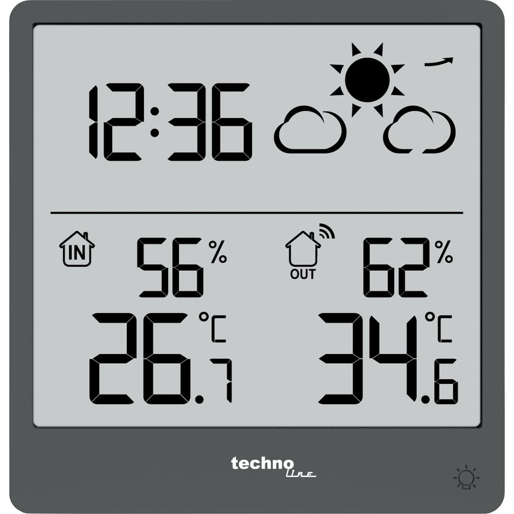 Horloge numérique affiche 12:36, intérieur 26.1C 56%, extérieur 34.6C 62%.